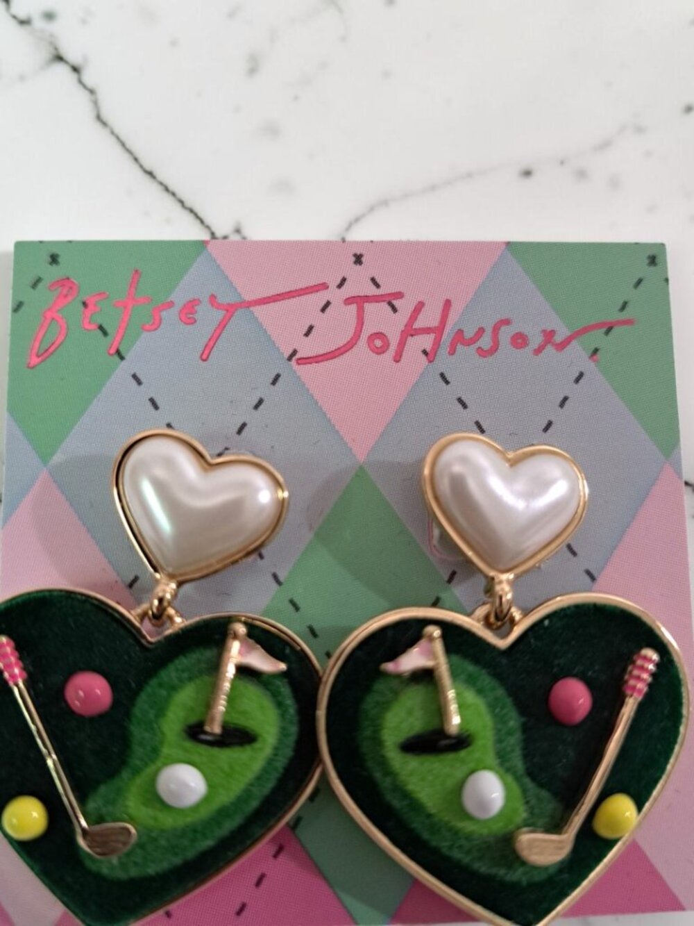Betsey Johnson Green Heart Golf Club Pearl Drop Earrings